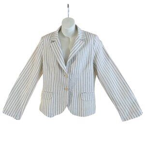 The J. Peterman Company Women's Blue and Ivory Striped Blazer Size 14